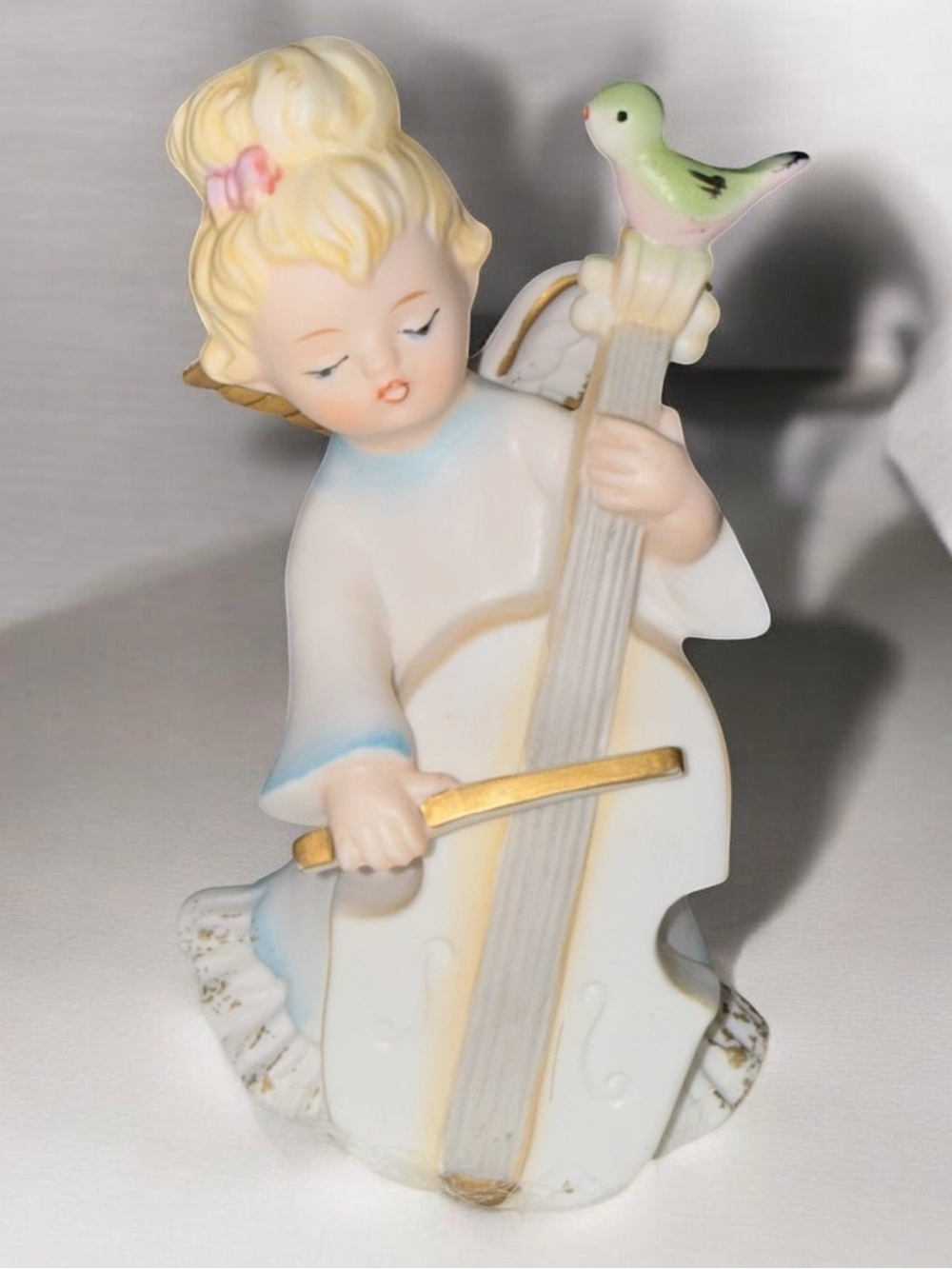 Vintage Lefton Porcelain Angel Playing Cello Figurine with Green Bird